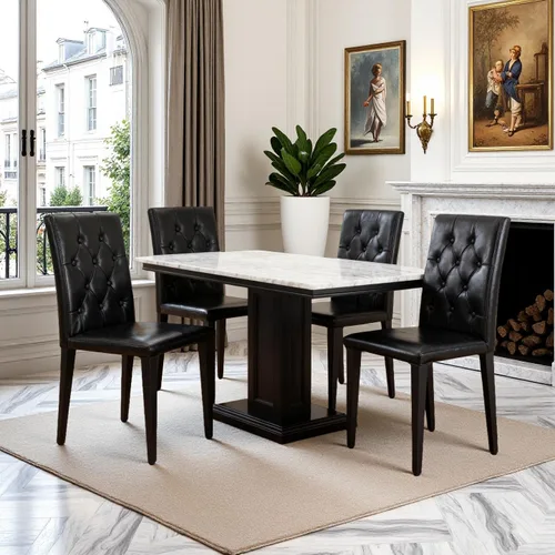 Miniatura 4 de Juego de 4 sillas de comedor negras, modernas sillas de comedor tapizadas con patas de metal negro, cómodas sillas Parsons de piel sintética