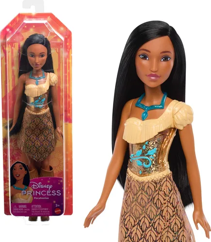 Mattel Muñeca Pocahontas de Disney Princess a la moda brillante con falda, collar y zapatos extraíbles, posable y coleccionable, inspirada en la