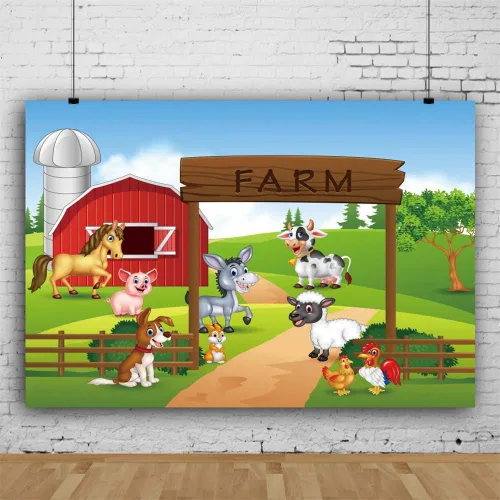 Miniatura 3 de Fondo de fotografía de granja de dibujos animados de 5 x 3 pies, diseño de animales divertidos, temática de fiesta de granja, fondo de cumpleaños