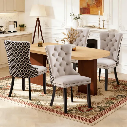 Miniatura 11 de Juego de 4 sillas de comedor de terciopelo, sillas de comedor tapizadas con ribete de cabeza de clavo y patas de madera maciza para cocina