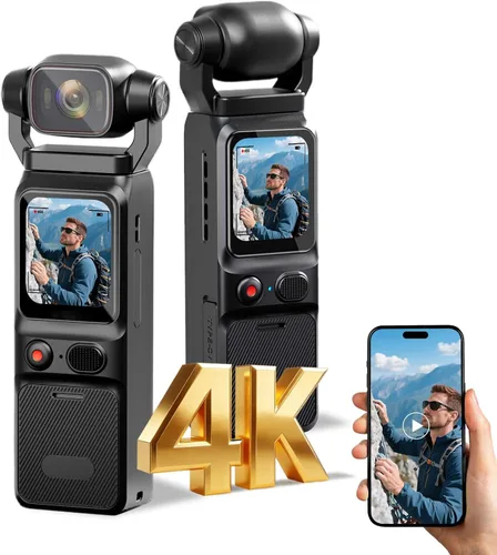 Cámara 4K Vlogging Mini cámara de acción con bolsillo giratorio de 180° con audio y video, cámaras pov de mano con estabilización, pantalla táctil,