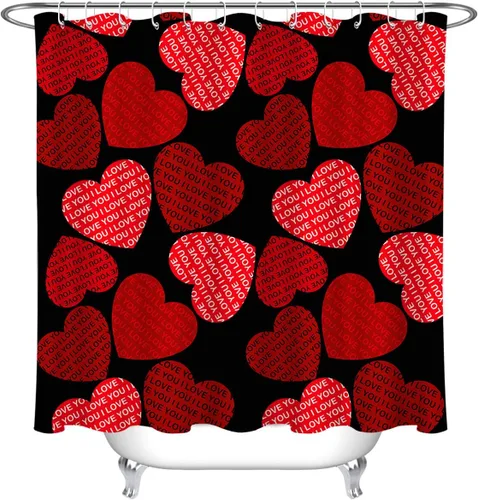 Miniatura 2 de LB Cortina de ducha para el día de San Valentín, corazones rojos sobre fondo negro, decoración romántica de baño con ganchos, 60 x 72 pulgadas