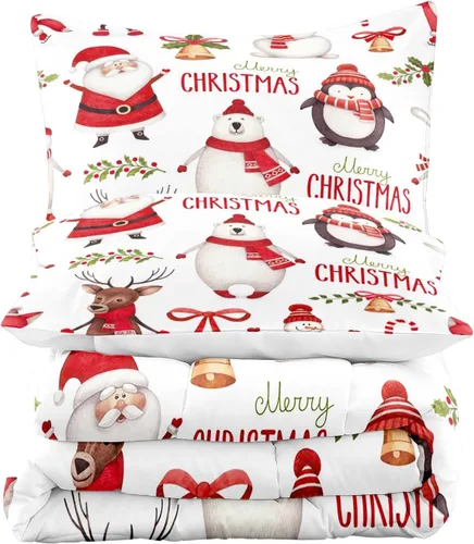 Miniatura 4 de LUVIVIHOME Juego de edredón de 2 piezas de oso de Navidad, tamaño individual, copos de nieve blancos, rojo y negro, a cuadros, ropa de cama