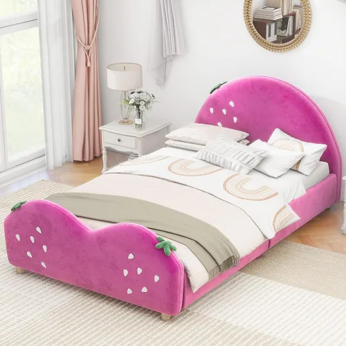 Miniatura 13 de Cama de plataforma tapizada de tamaño individual con cabecero en forma de oso y rayas de luz incrustadas, bonito marco de cama de plataforma