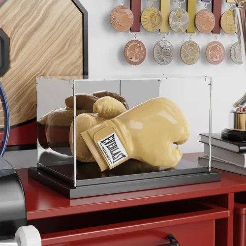 Miniatura 6 de Vitrina de exhibición de guantes de boxeo acrílicos, soporte de tamaño completo con espejo en la parte posterior y base de metal negro ranurado