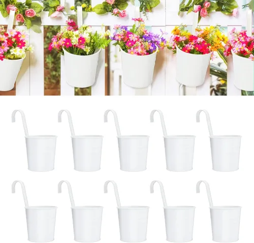 Miniatura 8 de KINGLAKE Macetas de flores, 10 macetas de metal para colgar en hierro, balcón, jardín, plantas, cestas para vallas, 4 pulgadas, soportes para flores