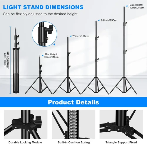 Miniatura 3 de Paquete de 2 soportes de luz resistentes de 9.2 pies / 110 pulgadas con resorte de aluminio acolchado para trípode, carga máxima: 22.0 lbs ajustable