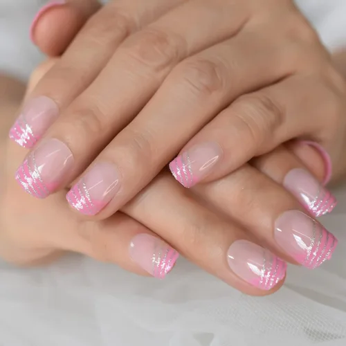 Miniatura 19 de Coolnail Uñas acrílicas clásicas a presión con flores cortas, uñas cuadradas de diseño natural, uñas postizas con purpurina para uso diario
