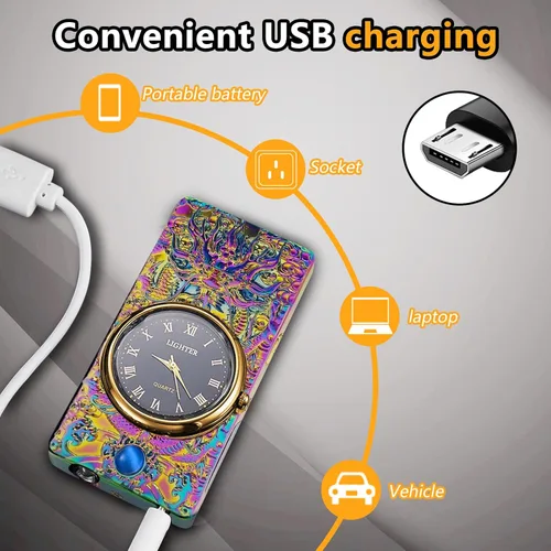 Miniatura 4 de Reloj Eléctrico Genial con Encendedor de Plasma de Doble Arco, Resistente al Viento, Recargable por USB con Indicación de Batería para Fuego, Dragón