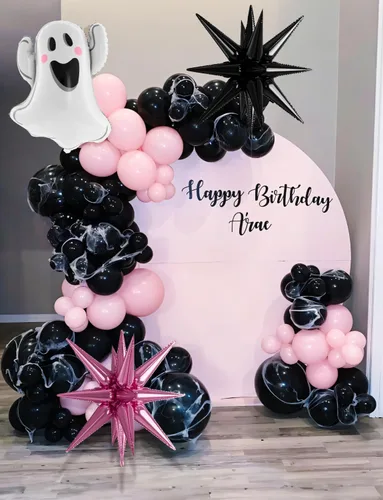 Miniatura 5 de Kit de arco de globos para Halloween – 129 piezas, globos rosados, negros, plateados y blancos con globos de aluminio de fantasmas y estrellas