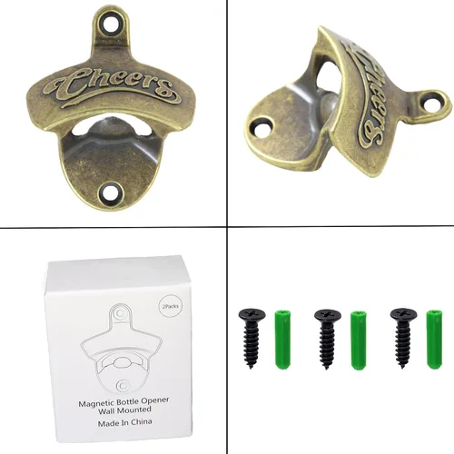 Miniatura 4 de Abridor magnético de botellas de cerveza Cheers para montar en la pared, con imanes, bronce antiguo, abridor de tapa de cerveza magnético