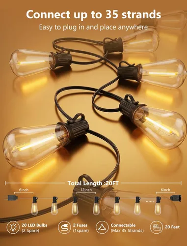 Miniatura 2 de Tira de luces LED ST40 de 20 pies para exteriores con 22 bombillas Edison vintage inastillables, tira de luces para patio, impermeable, para patio