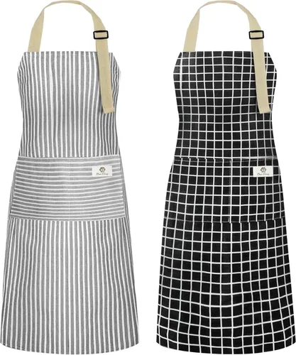 NLUS - Paquete de 2 delantales de cocina, delantal con babero ajustable e impermeable para chef con 2 bolsillos para hombres y mujeres (rayas