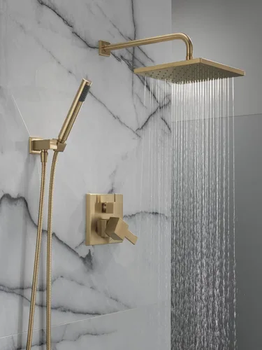 Miniatura 2 de Sistema de Ducha de Lluvia Cuadrado Delta Modern Serie 14, Conjunto de Grifo, Cabezal de Ducha de Lluvia Oro Cepillado y Conjunto de Mango, Kit