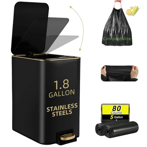 XLHOMO Cubo de basura pequeño para baño con tapa de cierre suave, cubo de basura de acero inoxidable de 1.8 galones con cubo interior extraíble, 80