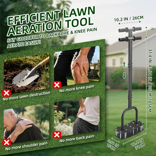 Miniatura 7 de Herramienta aireadora de césped para suelo arcilloso, patada para desatascar y base atornillada que nunca se rompe, 11 picos resistentes de 3.5