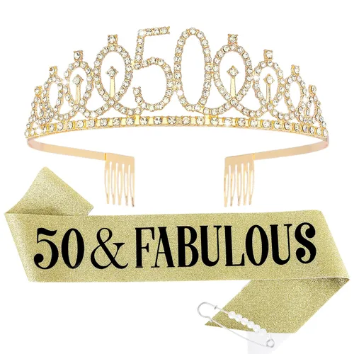 Juego de celebración de 50 cumpleaños – Pin de perlas doradas, corona y banda – fabulosos recuerdos de fiesta para mujeres 50 cumpleaños dorado