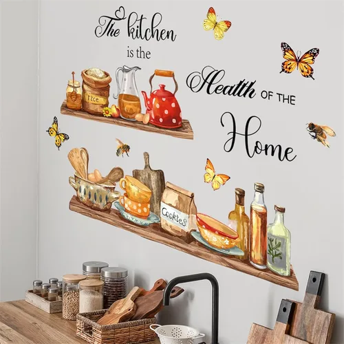Miniatura 5 de Adhesivos de pared para estante de utensilios de cocina, sacinora The Kitchen is the Heart of Home, calcomanía de pared de abeja de mariposa, vinilo
