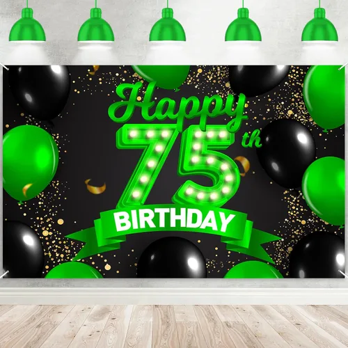 Miniatura 70 de Cartel de feliz cumpleaños 26 verde y negro, telón de fondo con texto en inglés "Cheers to 26 years old confeti", globos de confeti, decoración