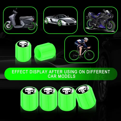 Miniatura 5 de Ajxn 4 tapas de vástago de válvula de neumático de automóvil, estampado de calavera, tapas de aire luminosas, universales para automóviles