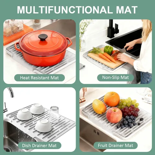 Miniatura 7 de Alfombrilla de secado de platos de silicona para encimera de cocina con bandeja de recolección de agua Almohadilla antideslizante (beige)
