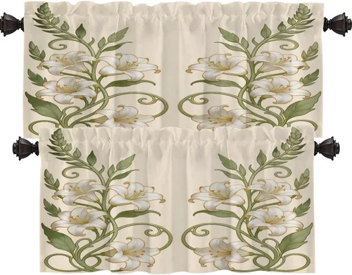 Miniatura 34 de Shrahala Art Nouveau Floral Pattern Blackout Curtain Tiers, Delicate Vine and Flower Design Kitchen Valance Light Blocking Tier Drapes with Rod