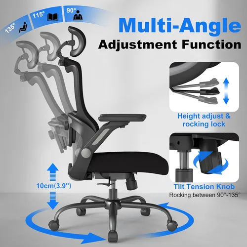 Miniatura 7 de Silla de oficina ergonómica, silla de escritorio con respaldo alto con brazos abatibles, reposacabezas, soporte lumbar ajustable, bloqueo