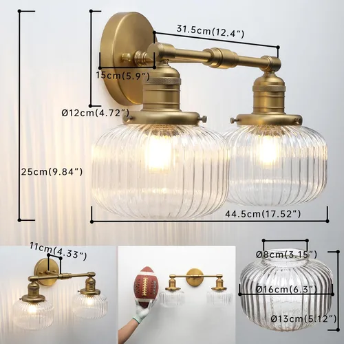 Miniatura 2 de 2 luces de pared industriales de vidrio, lámpara de pared de latón antiguo con pantalla de globo rayado transparente para tocador de baño