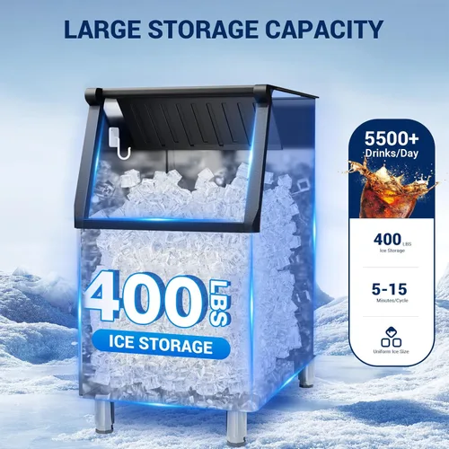 Miniatura 2 de Máquina comercial para hacer hielo, 580 LBS/día, aprobación ETL, autolimpieza con filtro, contenedor de almacenamiento de 400 libras, máquina