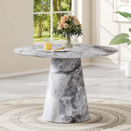 Miniatura 13 de Mesa de comedor redonda de 45 pulgadas, moderna mesa de madera de imitación de mármol, mesa gruesa y espaciosa con base de pedestal, fácil