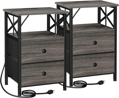 Miniatura 10 de AMHANCIBLE Juego de 2 mesitas de noche negras con estación de carga, mesas auxiliares para sala de estar con puertos USB y tomas, mesita de noche
