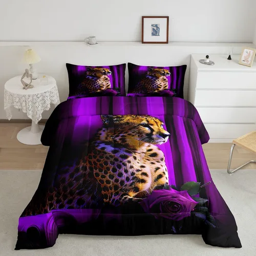 Miniatura 27 de Erosebridal Juego de ropa de cama de guepardo con rosa azul, juego de edredón con estampado de leopardo y gato, edredón romántico de plumón