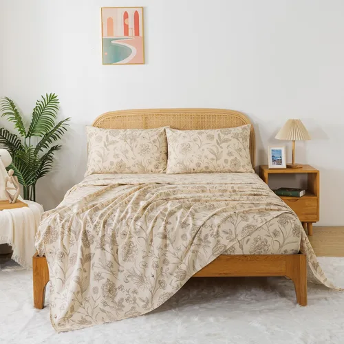 Miniatura 8 de Zusbest Juego de sábanas de tamaño King de 100% algodón percal, color beige floral, cepilladas, extra suaves, transpirables, sábanas de franela Caqui