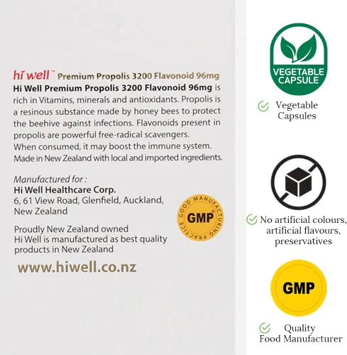Miniatura 6 de (3 unidades) Hi Well Premium Propolis 3200 Flavonoid 96mg 250VegeCápsulas