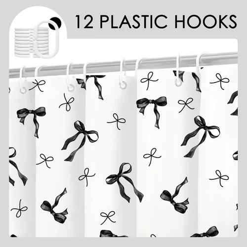 Miniatura 6 de Cortina de ducha con lazo negro, bonito lazo coqueto, cortinas de ducha en blanco y negro para niñas, cortina de baño de tela de poliéster