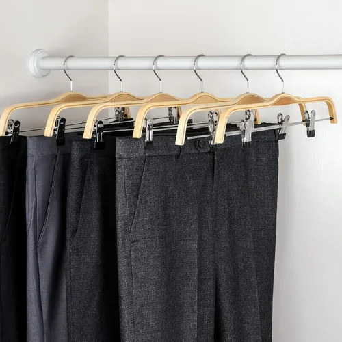 Miniatura 5 de Perchas de madera para pantalones TOPIA HANGER, perchas delgadas de madera natural para faldas con gancho antióxido y clips metálicos ajustables