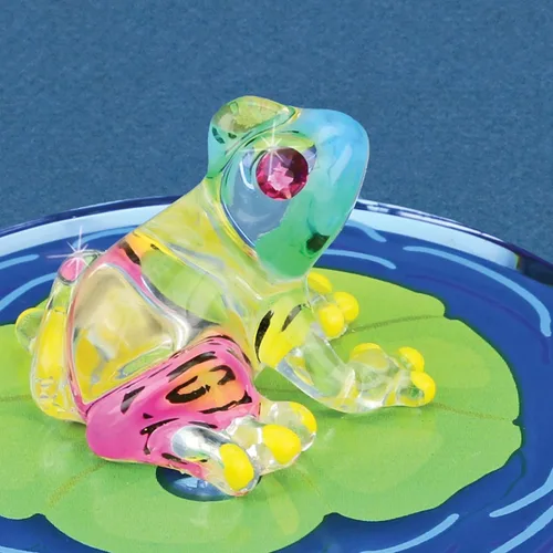 Miniatura 3 de Glass Baron Figura de cristal con almohadilla de rana sobre lirio, soplada a mano y esculpida con detalles de cristal austriaco y vidrio aerógrafo