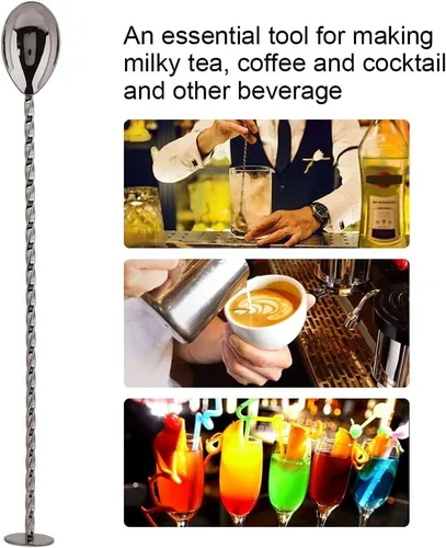 Miniatura 5 de Cuchara agitadora de cóctel, cuchara de acero inoxidable, cuchara de cóctel para bebidas, herramienta de mezcla de café con mango largo (# 9 negro)