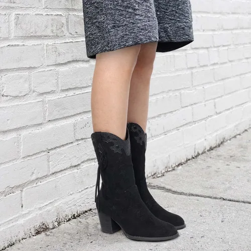 Miniatura 3 de SHIBEVER Botas vaqueras vaqueras para mujer botas occidentales negras para mujer, tacón alto, gamuza, cremallera, media pantorrilla