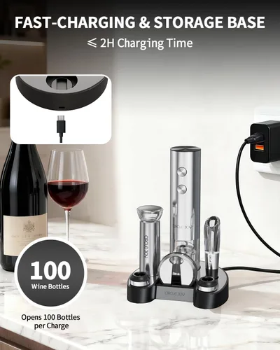 Miniatura 4 de CIRCLE JOY Juego de abridor eléctrico de botellas de vino de acero inoxidable, recargable, 8 en 1, juego de regalo de vino con base de carga, Plata