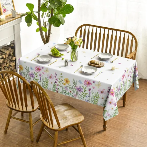 Miniatura 2 de Horaldaily Mantel de primavera de 52 x 70 pulgadas, diseño de flores silvestres y mariposas florales, lavable, para decoración de fiestas, picnic
