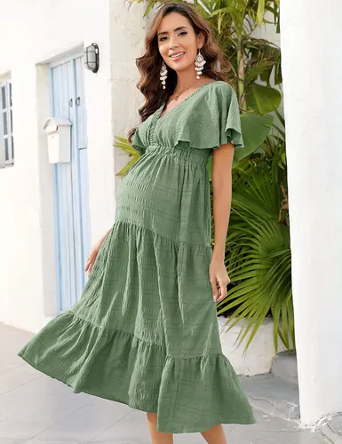 Miniatura 4 de KOJOOIN Vestido de maternidad para mujer, cuello en V, manga corta, fruncido y escalonado, plisado, vestido midi para sesión de fotos, baby shower