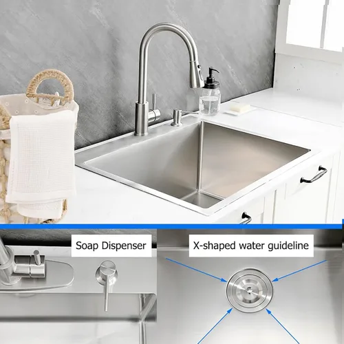 Miniatura 6 de Fregadero de lavandería de acero inoxidable de 25 x 22 pulgadas con grifo, calibre 16, 12 pulgadas, extra profundo, lavabo de lavandería con Níquel