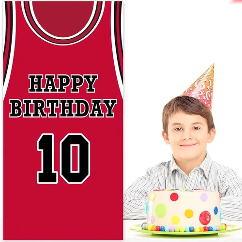 Miniatura 6 de Cartel de feliz cumpleaños 10 pancarta de fondo rojo de baloncesto estrella jugador de deportes decoración para hombre niño 10 cumpleaños