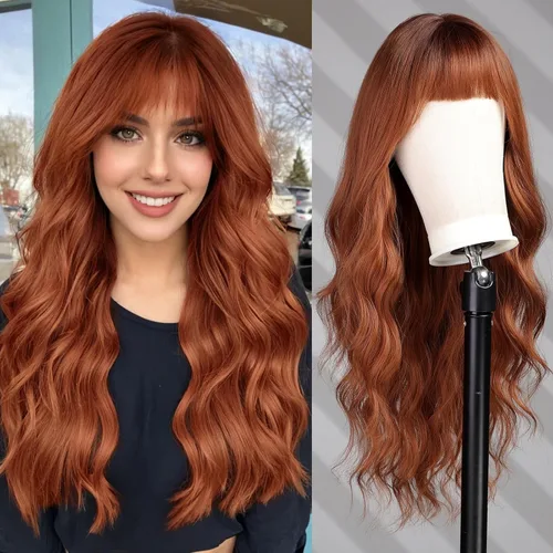 Miniatura 19 de Pelucas rubias cenizas para mujer, peluca larga recta en capas con flequillo, cabello sintético natural con raíces oscuras