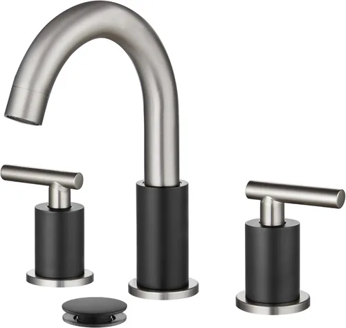 gotonovo Grifo de Lavabo de Baño de 3 Orificios 2 Manijas con Desagüe Emergente con Válvulas Mezcladoras de Agua Caliente y Fría Grifo de Baño Negro