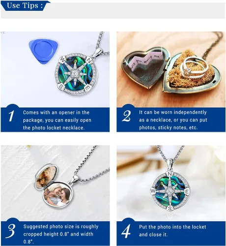 Miniatura 4 de Eusense Compass Necklace for Women Men Sterling Silver 925 Compass Pendant Picture Locket Holds Ashes Urn Compass Jewelry