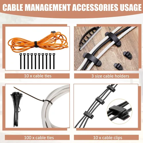 Miniatura 3 de Juego de 3 cajas de organización de cables con 130 piezas, organizador de cables de 3 tamaños, caja organizadora de cables de escritorio, soporte