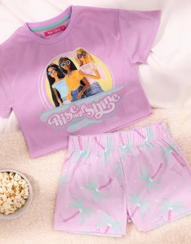 Miniatura 6 de Barbie Pijama corto para niñas, diseño de muñeca rosa con estampado de levantamiento y brillo, pantalones cortos elásticos para dormir