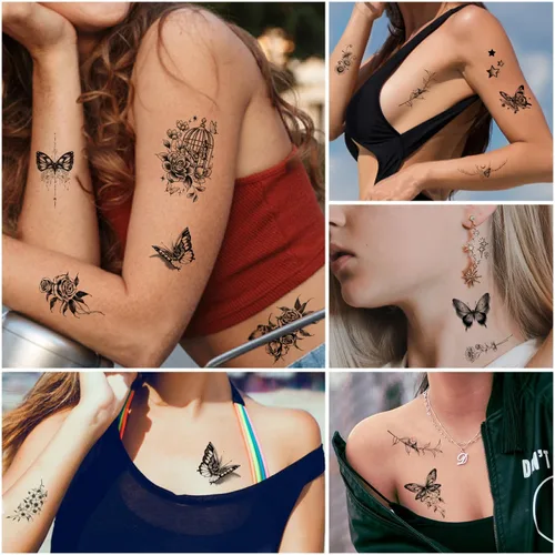 Miniatura 5 de Cerlaza 20 hojas de tatuajes temporales de mariposa negra para mujeres adultas, 120 estilos de mariposas pequeñas, tatuajes falsos impermeables